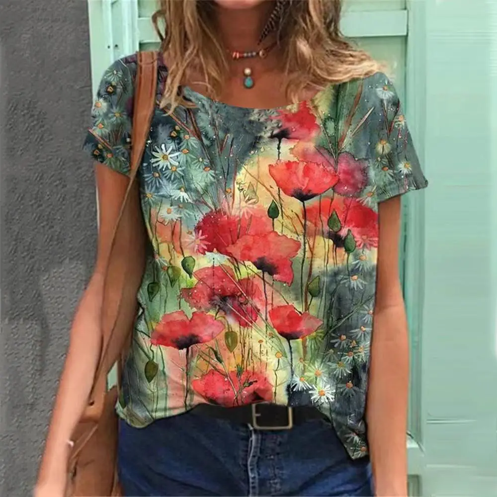 3d Floral Print Tee Summer Fashion Women\'s T-shirt Large Size Tops Woman Clothing Everyday Female Tops Loose Short Sleeve Blouse