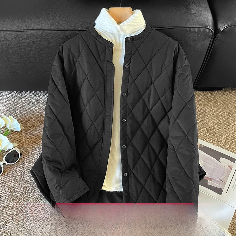 

Lightweight Pure Color Cotton Jaet Women's Autumn Winter Casual Vintage Diamond Pattern All-Match Coat Straight Tube Sle