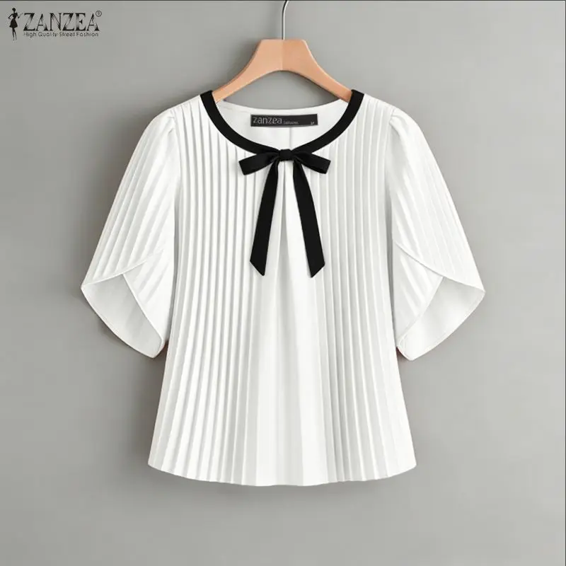 2026 Summer Blouse ZANZEA Elegant Women Short Petal Sleeve Pleated Work Tops Stylish Shirt Casual Patchwork Holiday Tunic Mujer