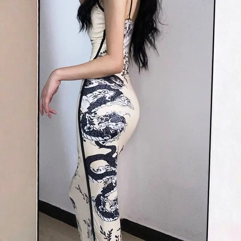 300 Pounds Oversized National Style Design Dragon Print Suspender Dress Sexy Temperament Elegant Hip Over The Knee Long Skirt