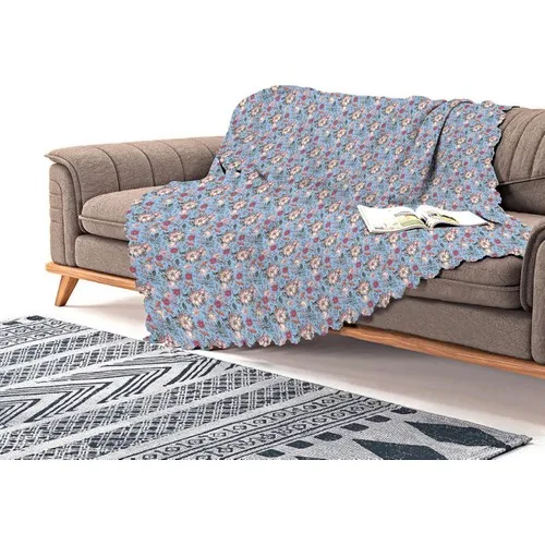 Real Homes Blue Ground Daisy & Rose Design Digital Printed Modern Chenille Sofa Cover & Shawl