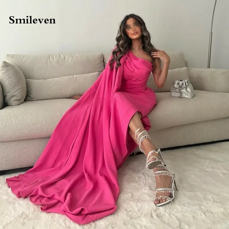 

Smileven Hot Pink Saudi Arabia Prom Dresses Stain Strapless Robes De Soirée 2023 Long Evening Dresses Formal Occasion Dresses