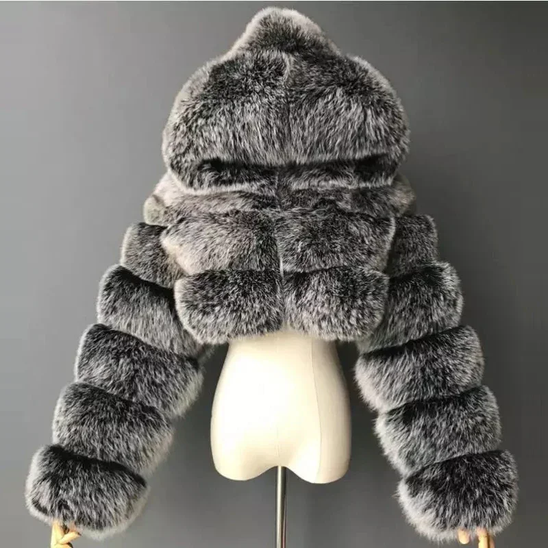 Hochwertige pelzige verkürzte Kunst pelz mäntel und Jacken Frauen flauschiger Dec klack mit Kapuze Winter pelz jacke Manteau Femme