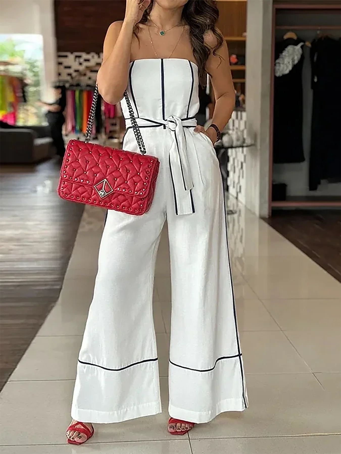 

Women'S Chic Sleeveless Jumpsuit with Adjustable Waist Tie - White Wide-Leg Pants, Perfect for Spring/Summer/Fall