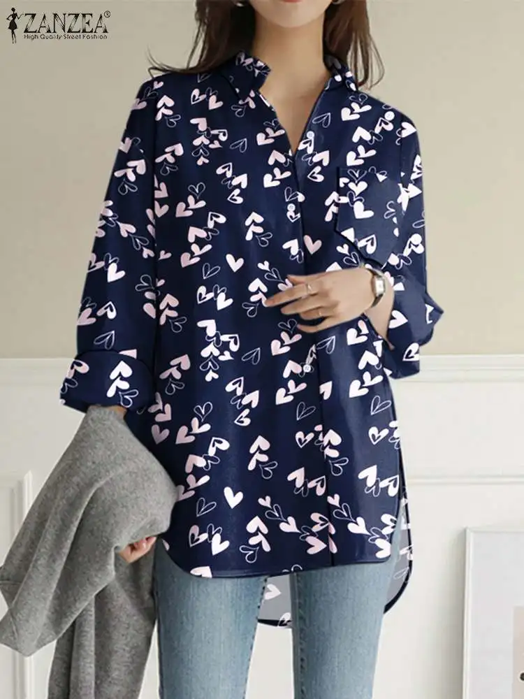 

Women Heart Printed Shirt Casual Loose Long Sleeve Tops ZANZEA 2024 Fashion New Lapel Collar Tunics Holiday Simple Buttons Blusa