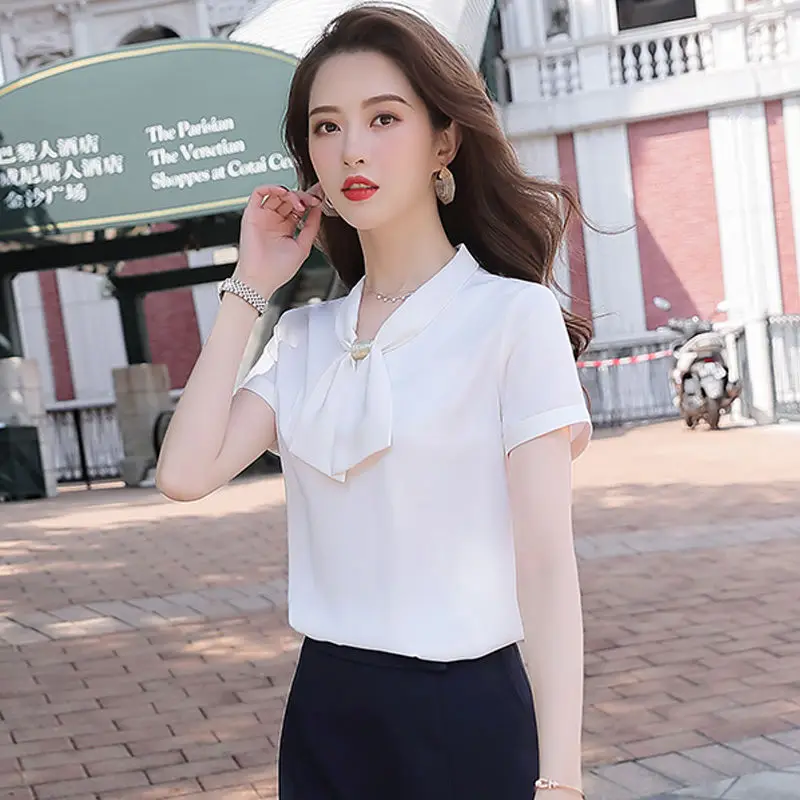 Short Sleeve Oversized V-Neck Bow Chiffon Shirt Summer Loose Fashion Elegant Women\'s Blouse Casual Commute Pullovers Blouse 5XL