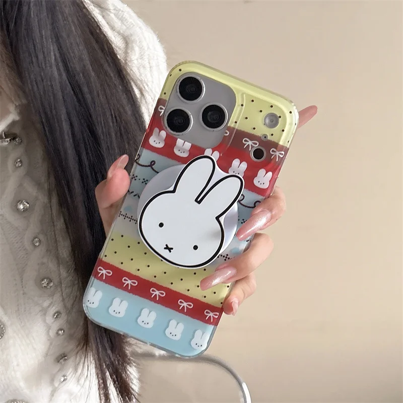 

Cute Miffy Rabbit Grip Tok Phone Case For iPhone 17 16 15 14 Pro Max Colorful Striped Bow Shockproof Soft Cover