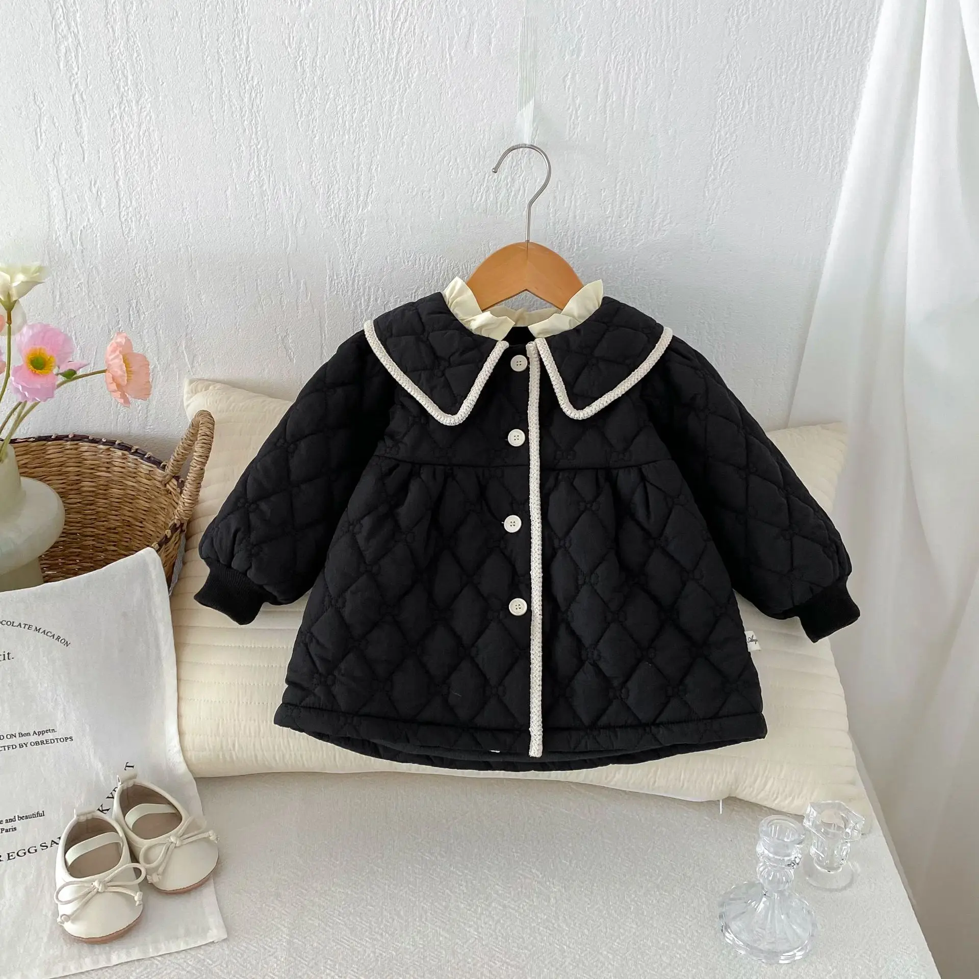 2024 Winter New Girls Plus Velvet Thick Warm Coat Solid Infant Cotton Padded Jacket Cute Lapel Princess Clothes Baby Clothes