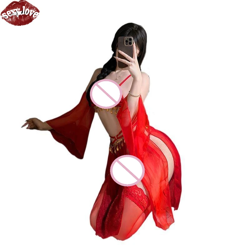 Cinta Seksi BDSM Produk Baru Multi Warna Eksotis Tiga Titik Hanfu Godaan Seksi Split Butt Rok Benang Transparan Baju Tidur