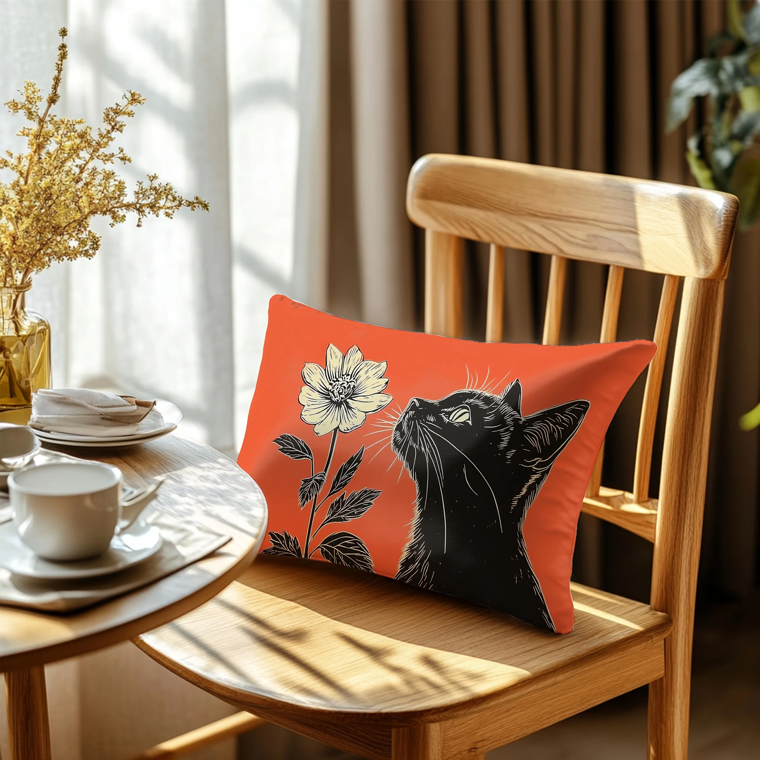 1pc Black Cat Sniffing Flower Linocut Lumbar Pillow Cover, Suitable for Sofa,Bedroom,Living Room,Study, Art Gift for Cat Lovers.
