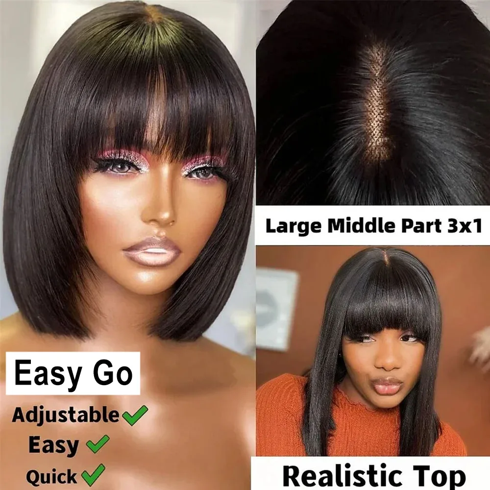 Straight Bob 3X1 HD Lace Wigs With Bangs 180% Density Natural Black Glueless Fringe Wigs Brazilian Human Hair For Black Women