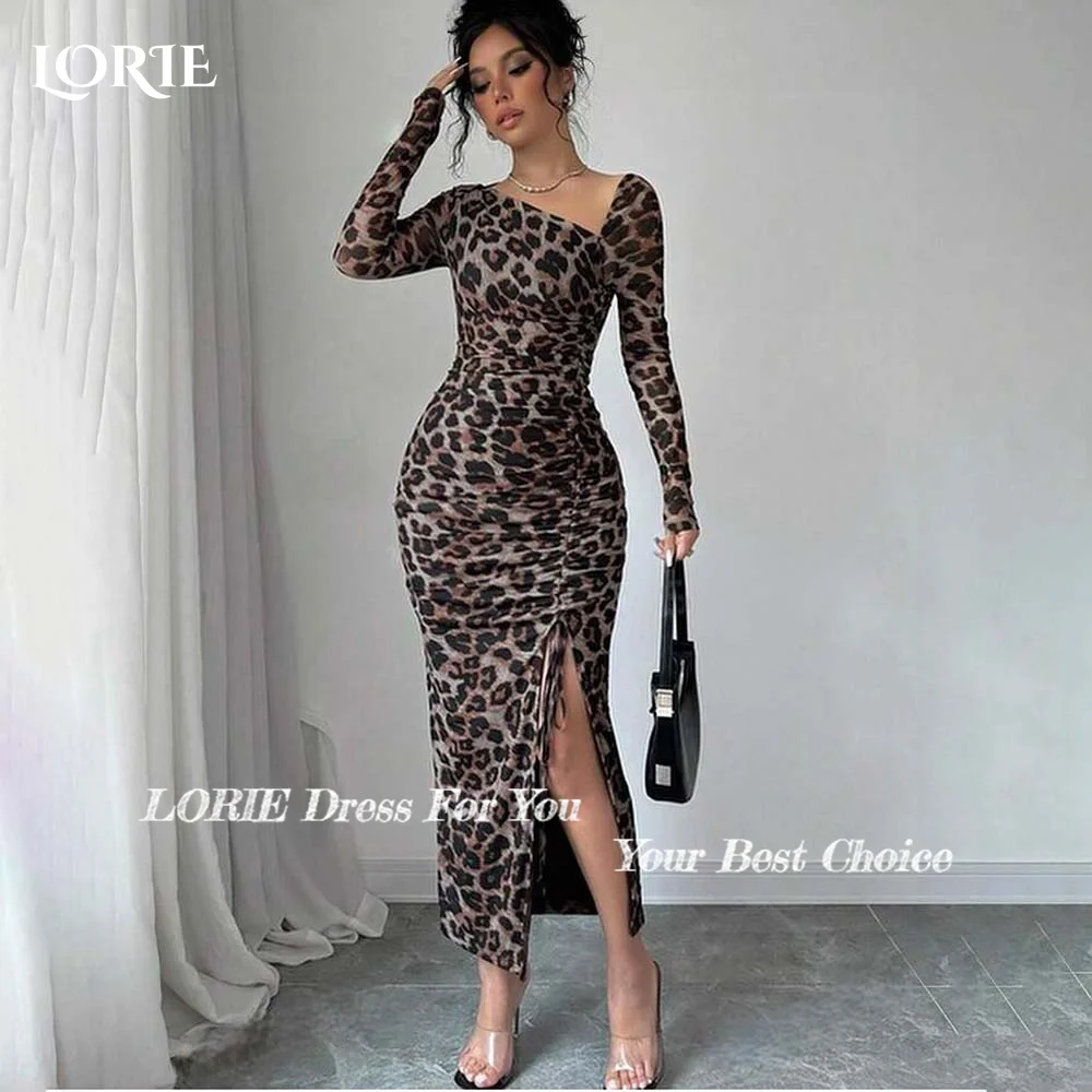 LORIE Formal Evening Dresses Mermaid Long Sleeves Leopard Prnt Prom Ball Gown  Tulle Backless Party Dresses Cocktail Dresses