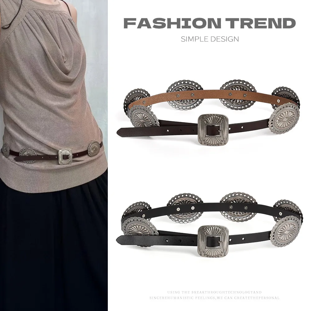 ボヘミアンスタイルヴィンテージメタルカービングバックルリンクウエストベルト女性のための本革スリムウエストバンドドレス牛革パンクセインチュール