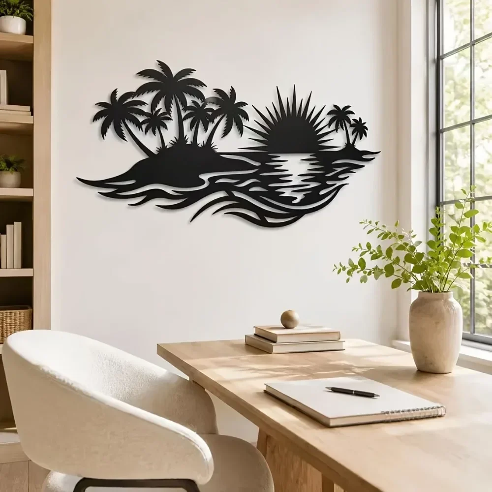 1pc CIFBUY Palm Tree Metal Wall Art, Iron Tropical Sunset Beach Sign Decor, Rustic Accent, Powder-Coated Rustproof