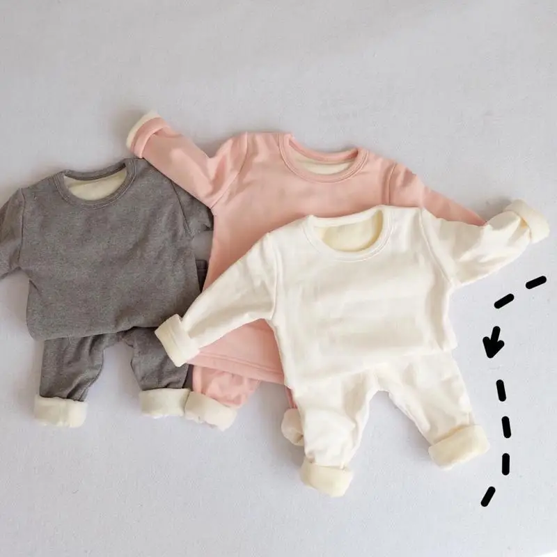

Infant Baby Boys Pajama 2PCS New Winter Solid Color Thicken Warm Toddler Girls Tops+elastic Waist Kids Boys Pant Loungewear Suit