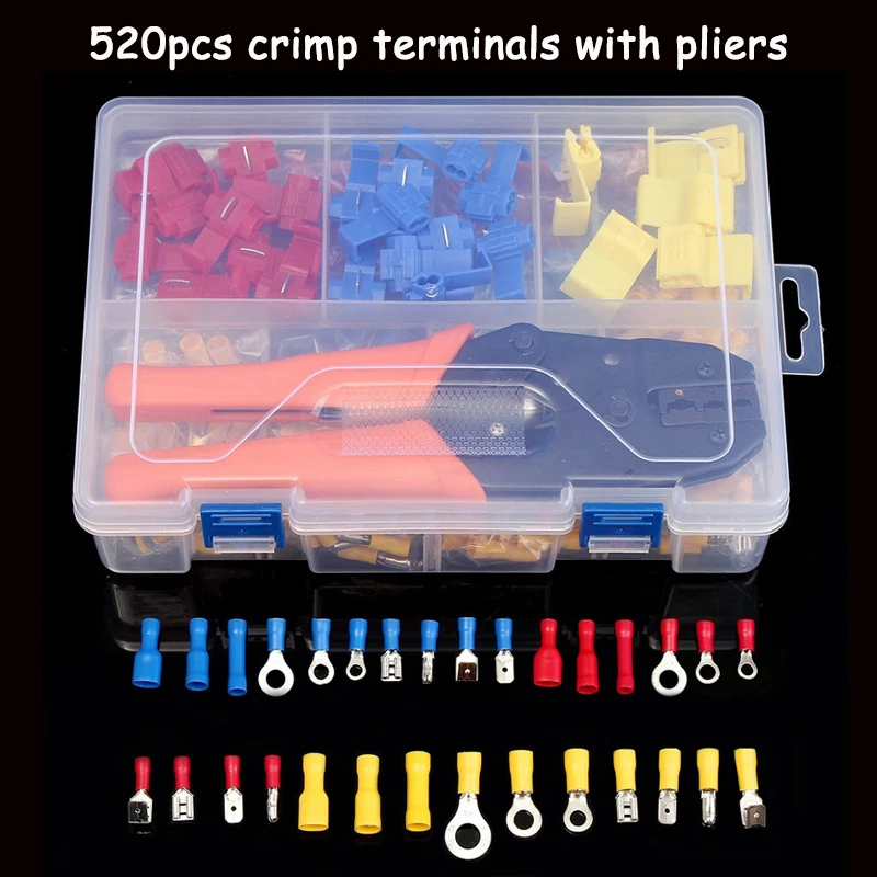 

175/300/520/780pcs Insulated Cable Connector Electrical Wire Crimp Spade Butt Fork Set Ring Lugs Rolled Terminals with Pliers