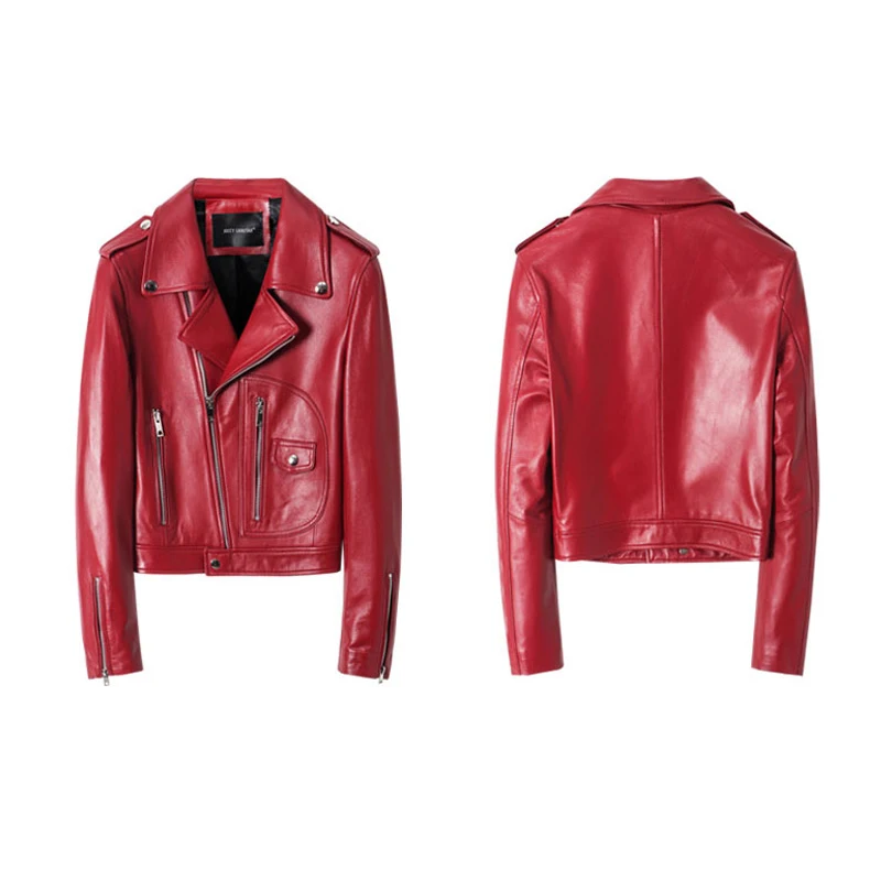 Cappotti da moto in vera pelle rossa moda cappotti da donna 2025 giacche in pelle corte slim da donna in pelle di pecora di alta qualità autunno