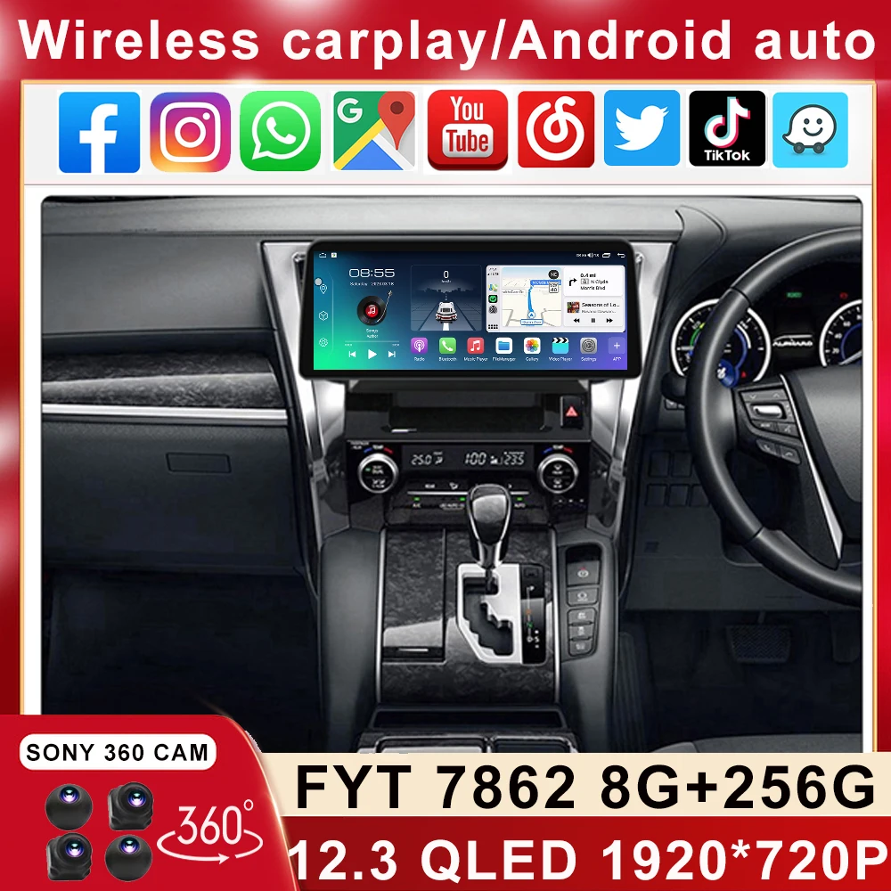 

Экран 12,3 дюйма для Toyota Alphard H30 2015 - 2020 Android 12, автомобильный стерео Мультимедийный видеоплеер, головное устройство Carplay Auto SWC