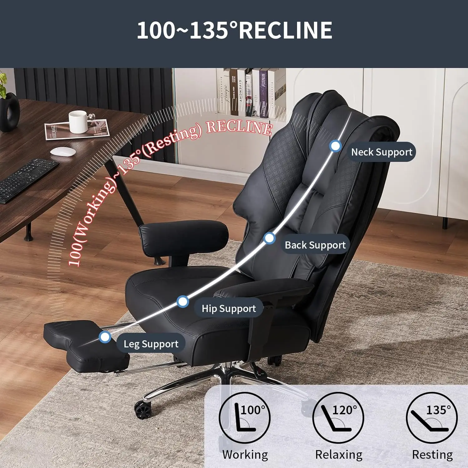 Silla de oficina grande y alta, asiento ancho de cuero, respaldo alto, ejecutiva, con reposapiés, ergonómica, Lumbar, 400lbs