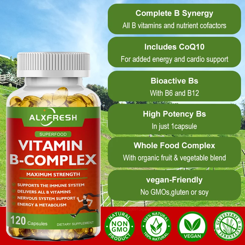 Alxfresh B-Complex Vitamin Supplements (B12 B1 B2 B3 B5 B6 B9 Folic Acid &Biotin), Immune & Energy Support