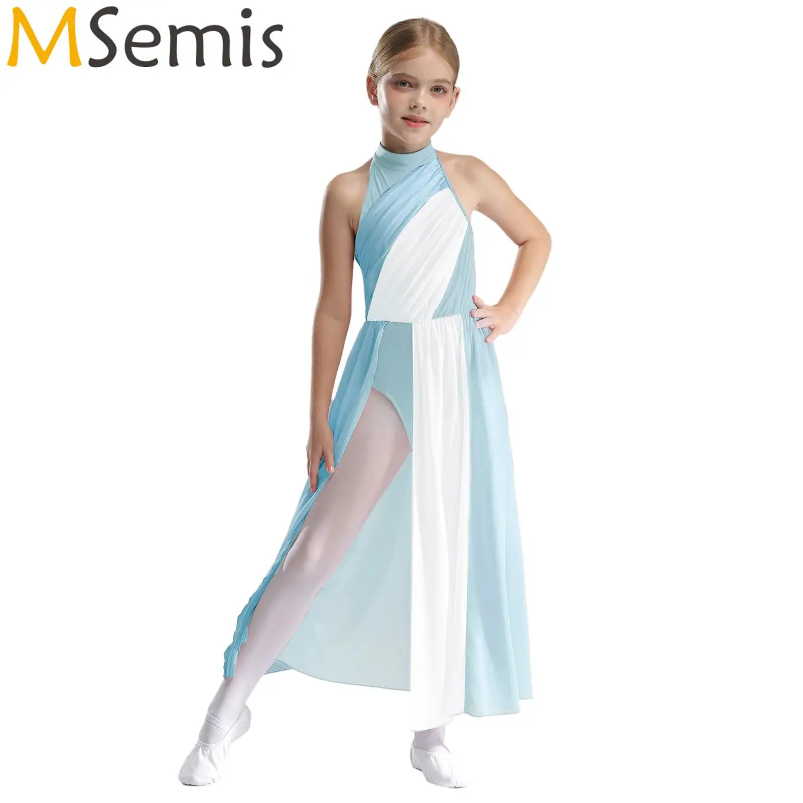 Kids Girls Ruched Ballet Overlay Dress Keyhole Back Chiffon Skirt Split Dress Lyrical Dance Performance Costume Modern Dancewear