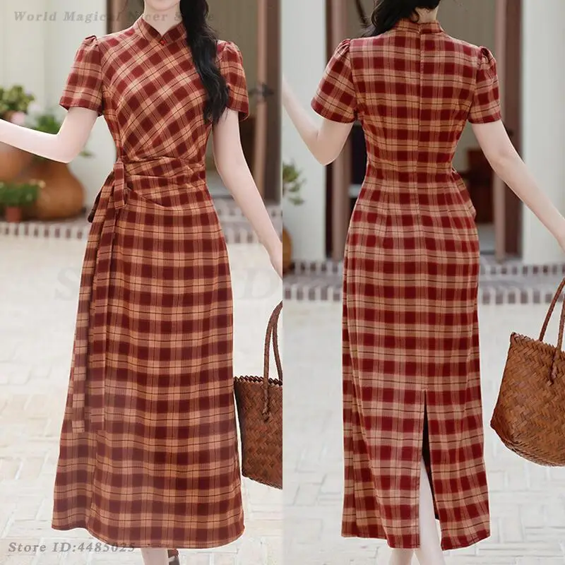 

Chinese Style Red Checkered Cheongsam Summer Short Sleeved Traditional Dress Vintage Novelty Improved Qipao Evening Party Gown