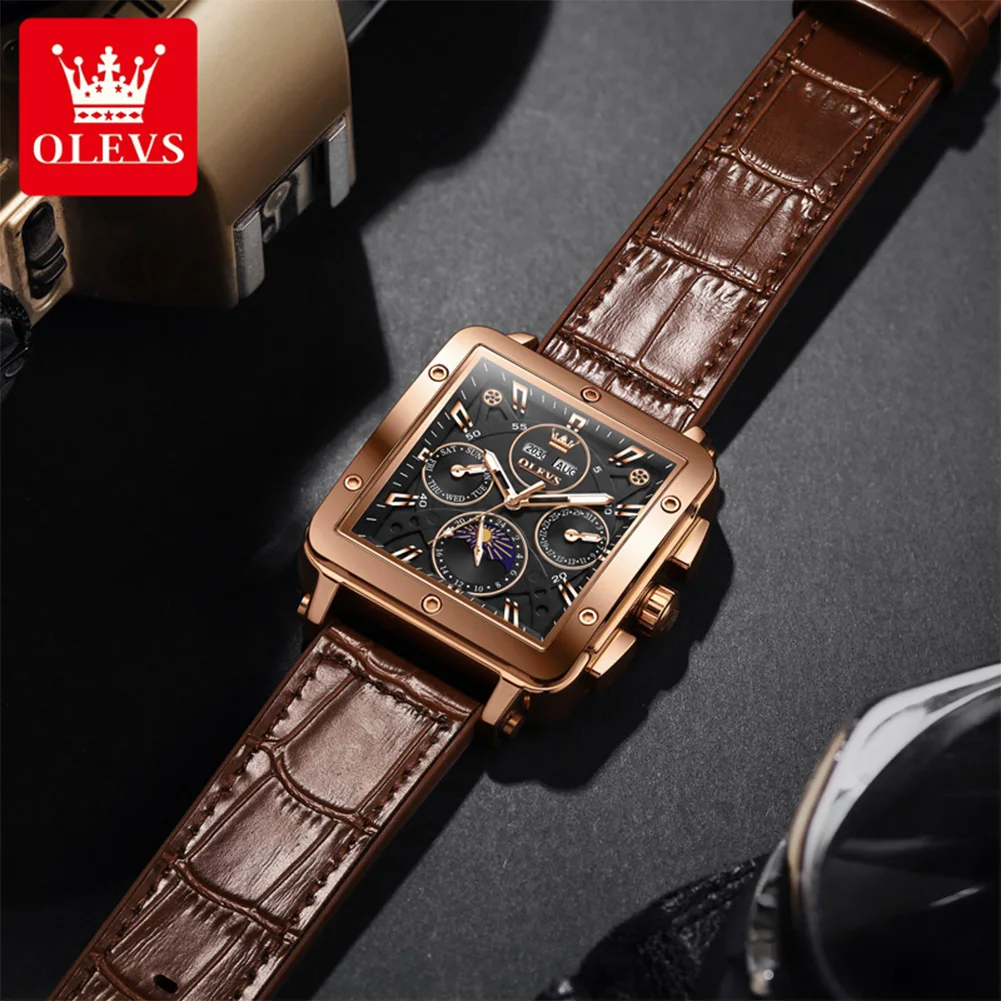 OLEVS 6749 Business Mechanical Movement Watch For Men Leather Strap Square 24-hour Moon Phase Dial Luminous 30m Waterproof Watch