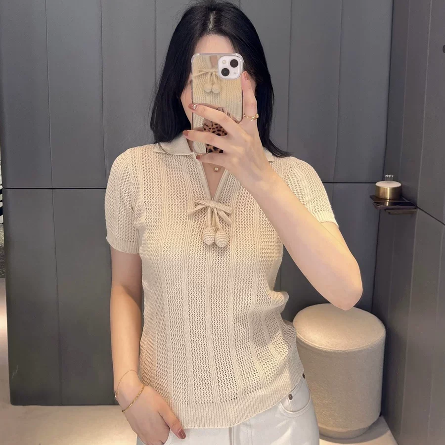 

Hot Sale 2026 Summer Women Knitted Polo Top Short Sleeve Turn Down Collar Fashion Slim Hollow Out T Shirt