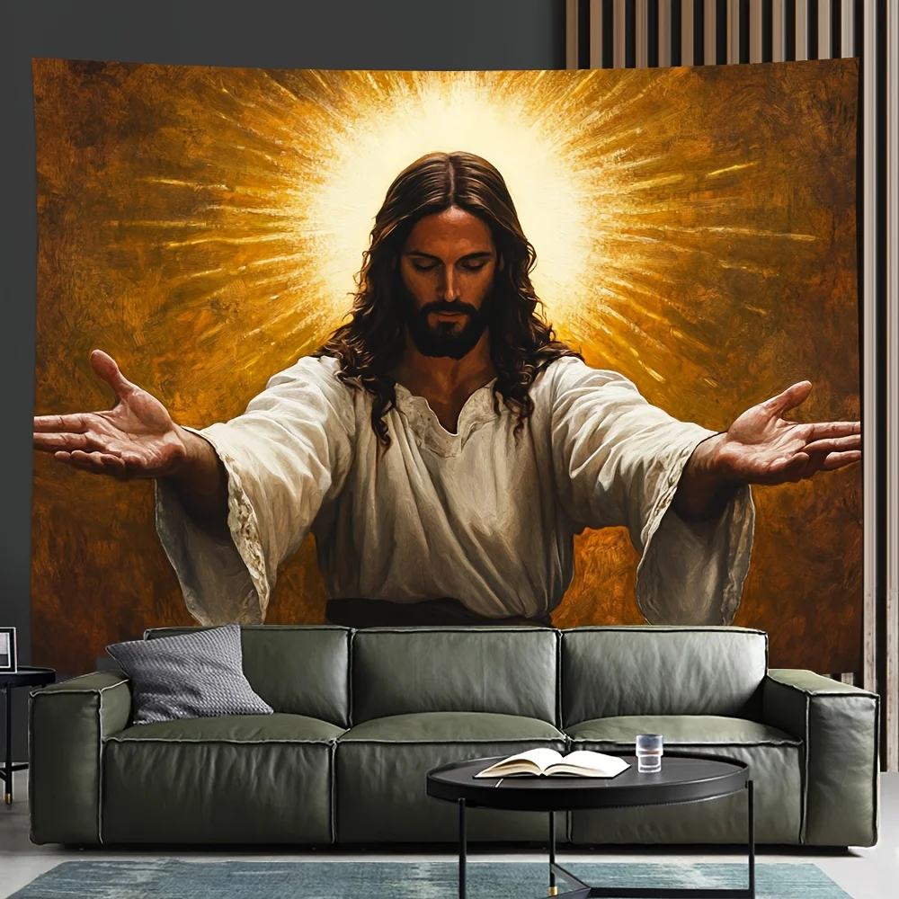 A backdrop depicting the sacred image of Christ with open arms, suitable for indoor, home and office decoration, creating a divi