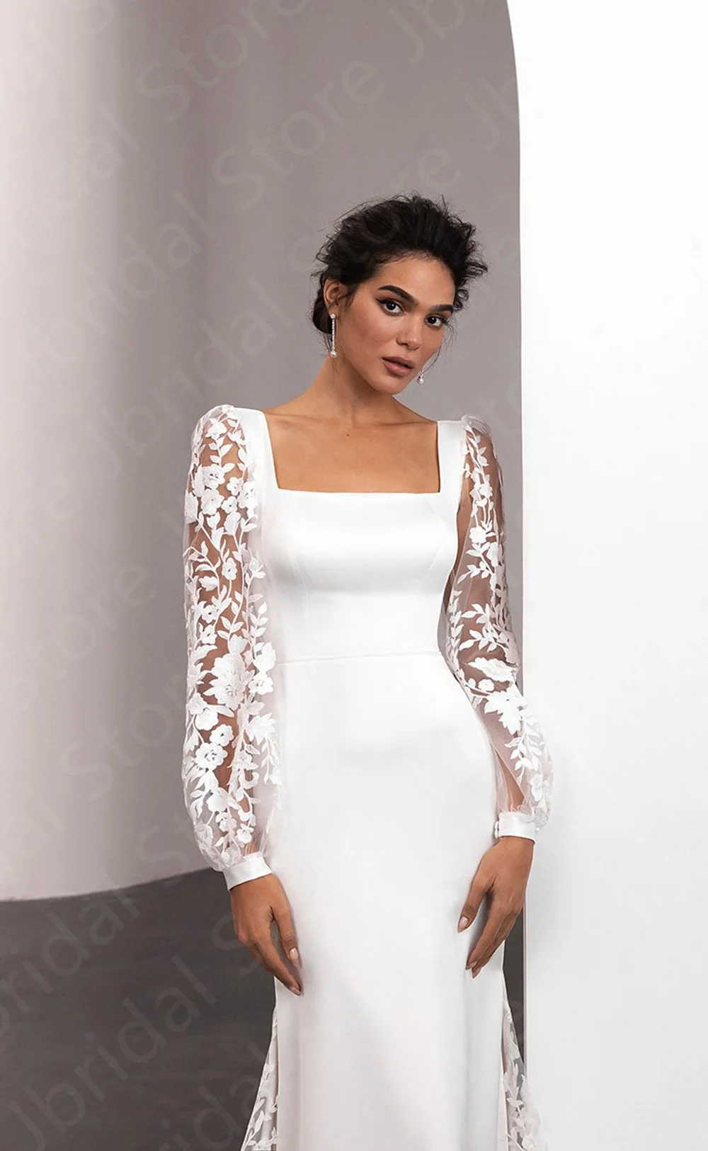 Vestidos de novia de encaje con cuello cuadrado, vestidos de novia blancos de manga larga, Espalda descubierta, sirena, encantador, nuevo, 2024