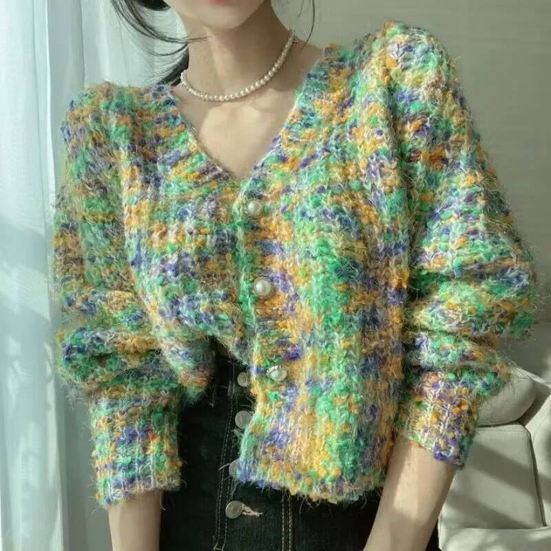 

2023 Autumn Casual Rainbow V-neck Knitted Cardigan Women Winter Long Sleeve Sweater Jacket Single Breasted Sweaters Jacket