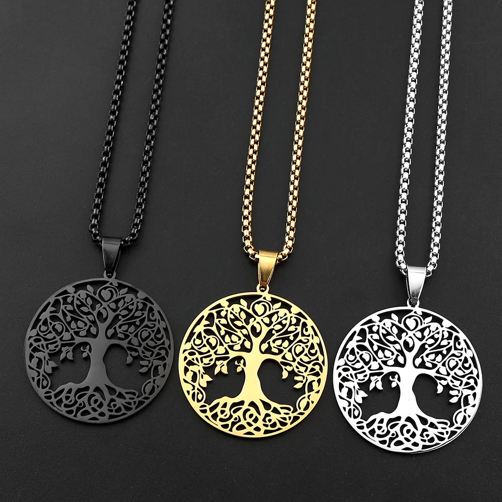 Stainless Steel Tree of Life Pendant Necklace Hollow Leaf Family Life Tree Necklaces Women Men Classic Spiritual Jewelry Gifts