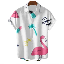 2024 New Men's Shirts Hawaiian Flamingo Printed Shirt For Men Fashion Short Sleeve Male Clothes Lapel Oversized 3xl Blouse