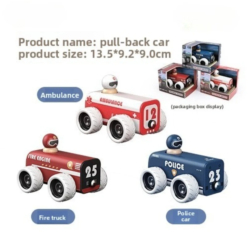 Giocattoli educativi in legno per bambini Personaggio Cognizione Fuoco Auto della polizia Ambulanza Auto da tirare in legno Celebrazione di compleanno