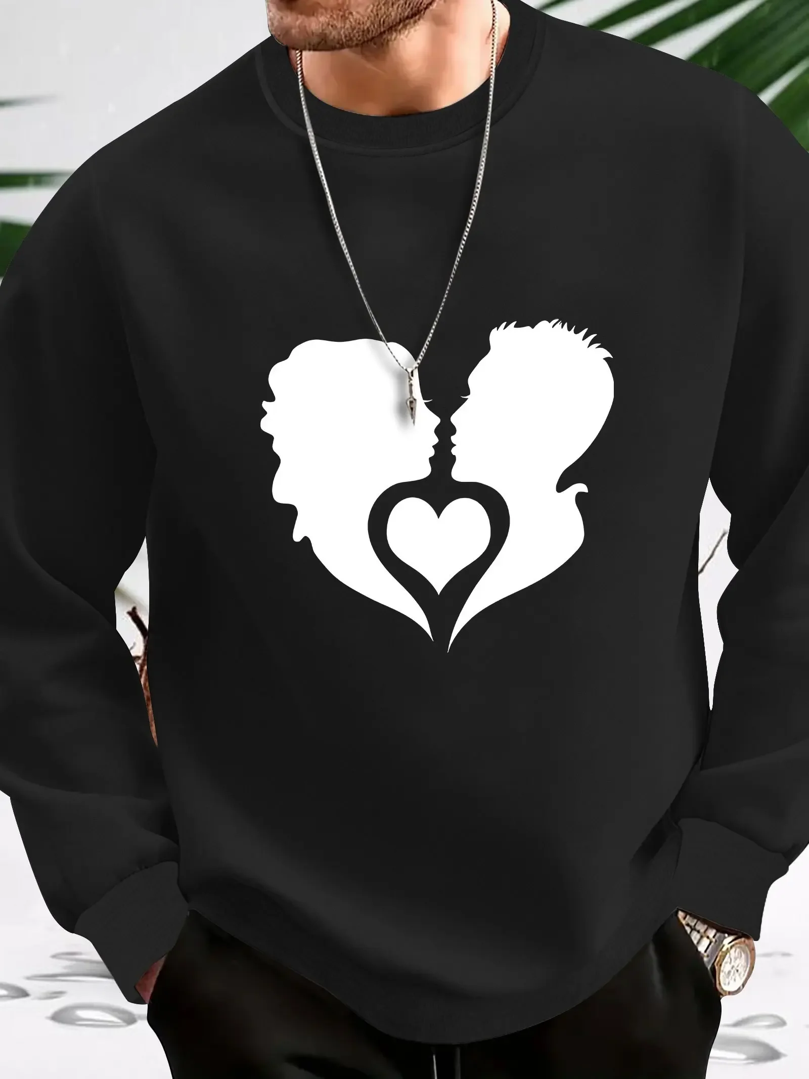 

Couple And Heart Graphic Print, Sweatshirt With Long Sleeves, Men's Creative Slightly Flex Crew Neck Pullover Fall And Winter