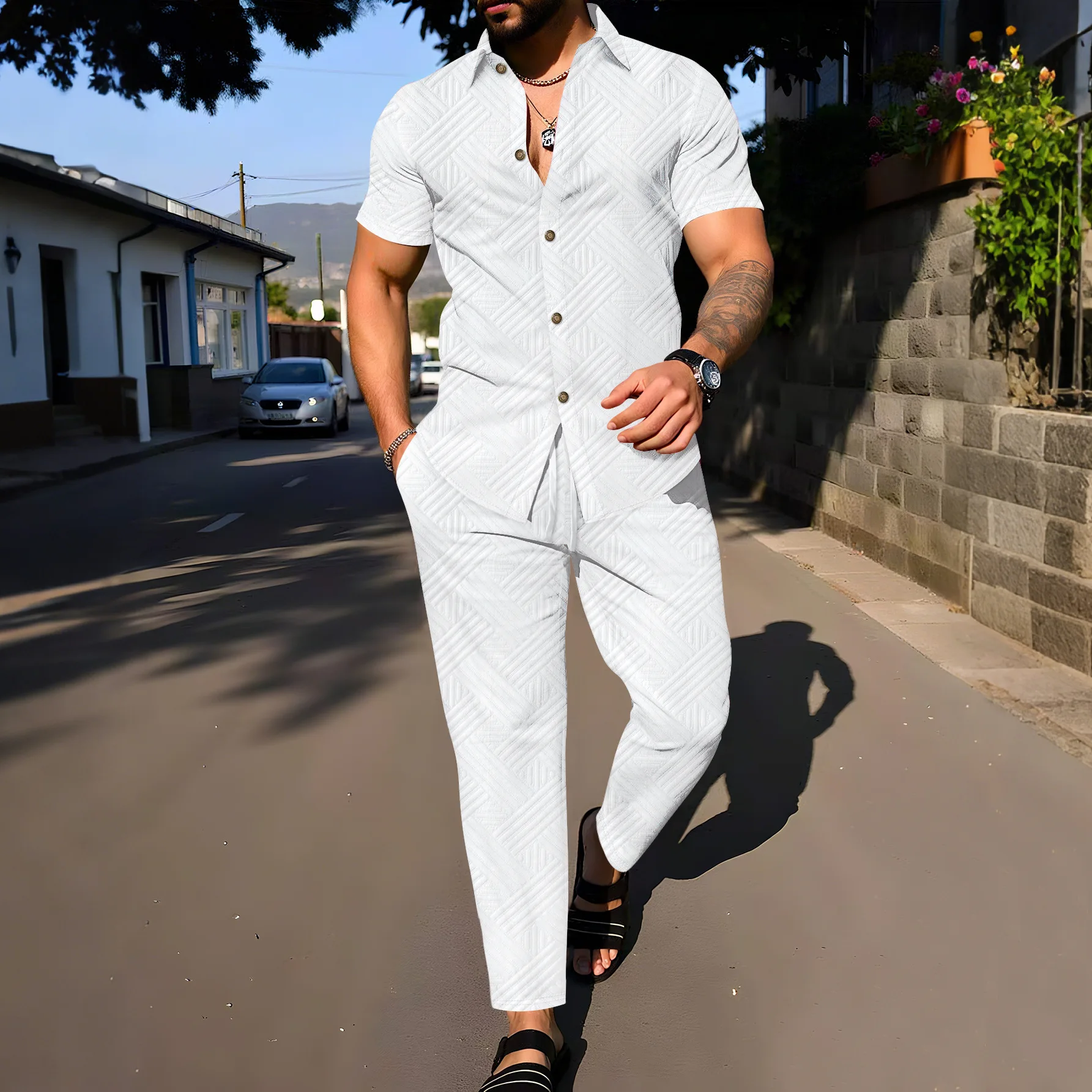 

New trendy and breathable men's two-piece outfit with patterned trim - buttoned top, straight pants, street style summer suit