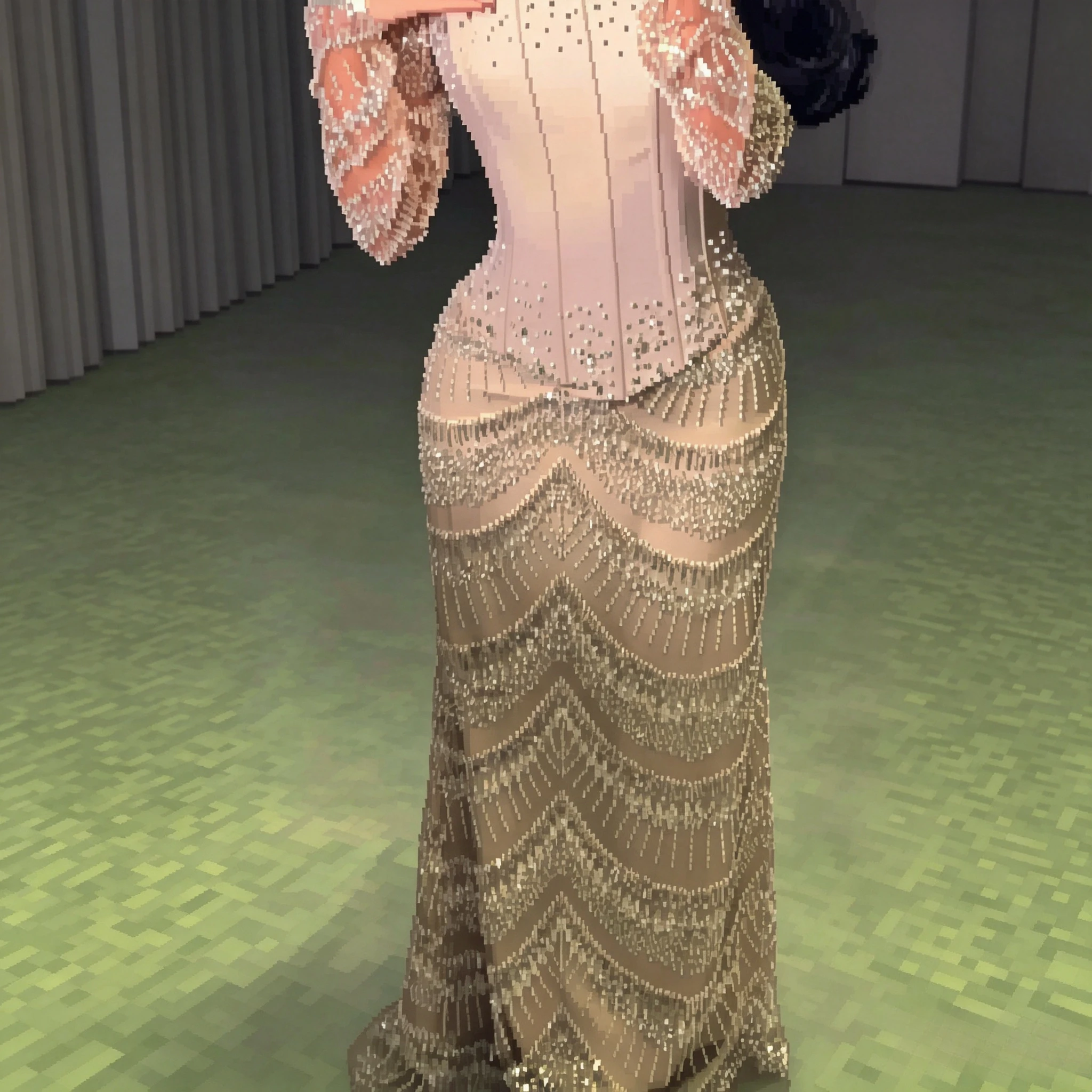Formal Evening Dress Off The Shoulder Neck Sheer Lace Flutter Long Sleeves Fitted Corset Waist Multi Layer Wavy Rhinestone