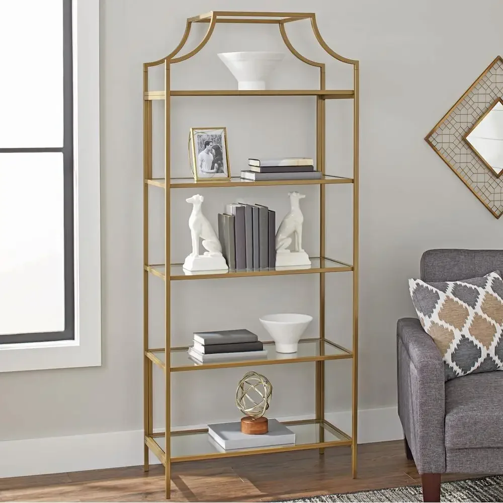 Nola 5 Shelf Gold Glass Bookcase Elegant Metal Construction Stylish Storage & Display in Living Space Portable Glam Furniture