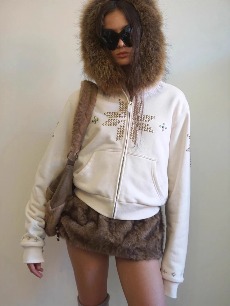 

Женская куртка Y2K с капюшоном, стразами и молнией, укороченная, с меховым воротником, свободного кроя, короткое пальто, 2026, для свиданий, уличный стиль, верхняя одежда