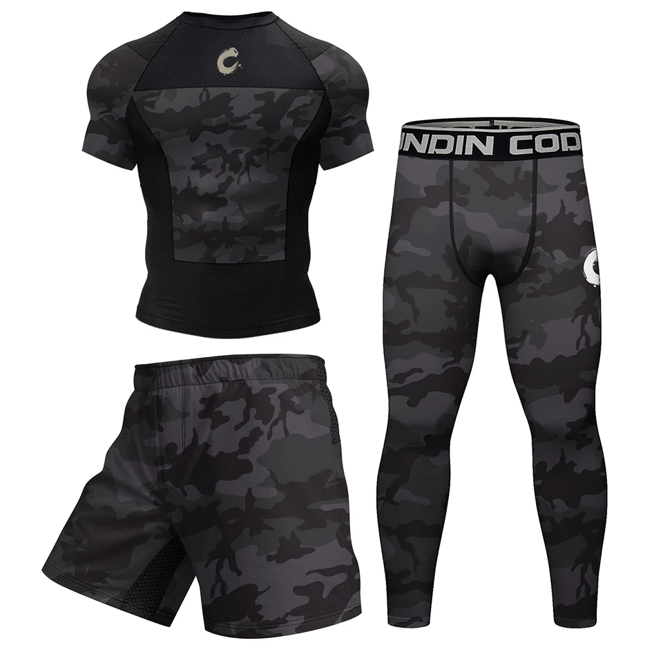 Men's MMA BJJ Quick Dry Spandex Rash Guard Set Boxing Rashguard Compression T-shirt+Shorts Muay Thai Training Workout Sportswear