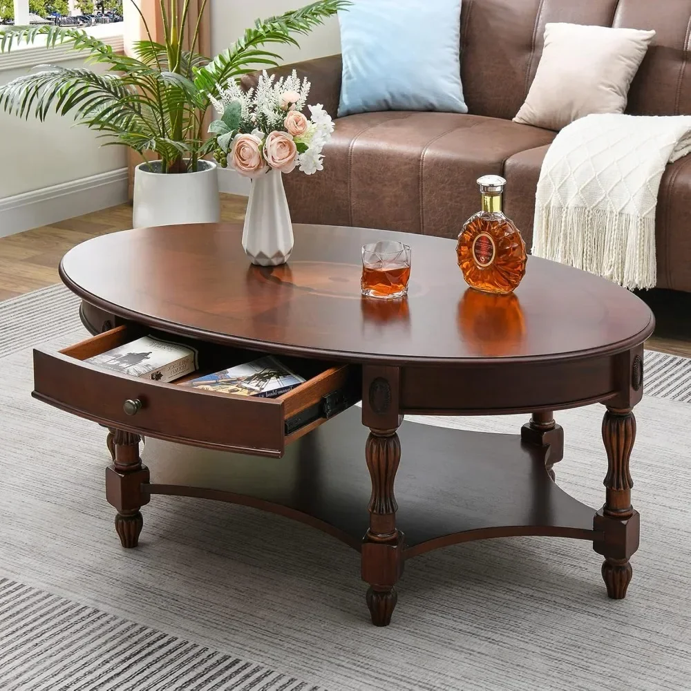 

MODERION Solid Wood Coffee Table with Drawer and Storage Shelf, Traditional Living Room Cocktail Tea