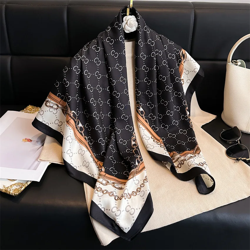 Design Luxury 90cm Twill Silk Women Scarf Sunscreen Foulard Shawl Hijab Female Hair Hijab Wraps Neckerchief Bandanda Echarpe