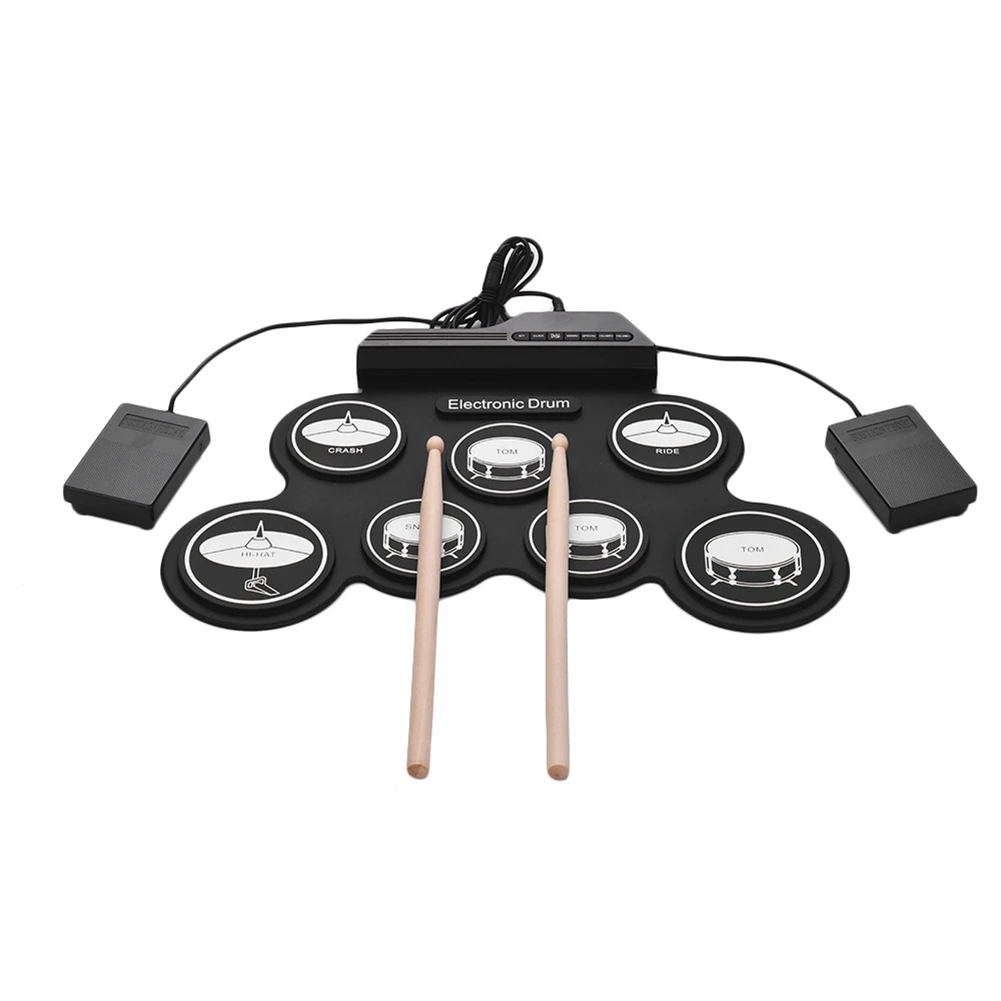 7 Pads Electric Drum Set ,Portable Roll Up Drum Practice Pad Drum Kit with Drum Pedals Drum Sticks, Gift for Kids Adults