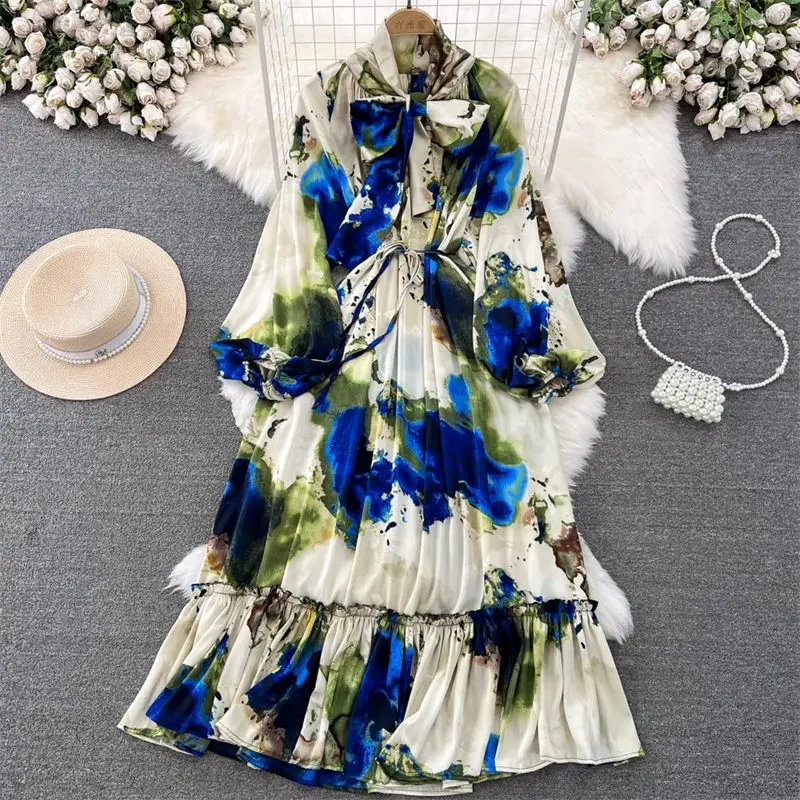 Light Mature Style Elegant Maxi Dress Women Retro Temperament Lantern Long Sleeve Bow Tie Waist Up A-Line Printed Dress Z2716