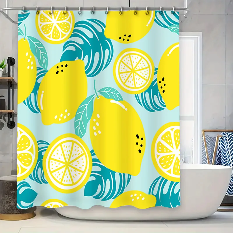 

Желтая лимонная занавеска для душа с синими пальмовыми листьями для декора ванной комнаты, современный декор для детской ванной комнаты, водонепроницаемая ткань для дома, гостиной A