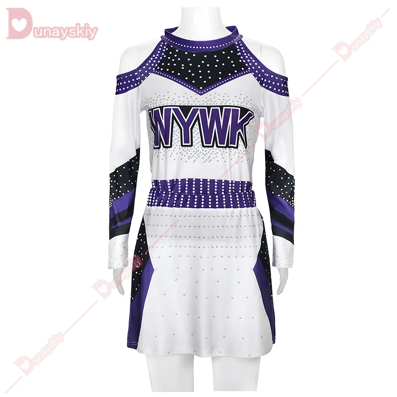 Vestito da cheerleader da donna Costume da ballo cosplay per ragazze della scuola sexy Abbigliamento da ballo Mini abito a pieghe da competizione con diamanti caldi per adulti