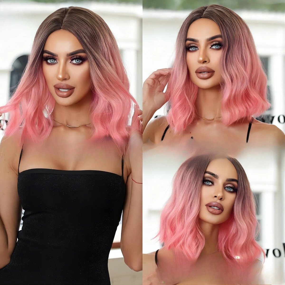 New wig pink head gradual change medium water ripples short curly hair full headgear wigs