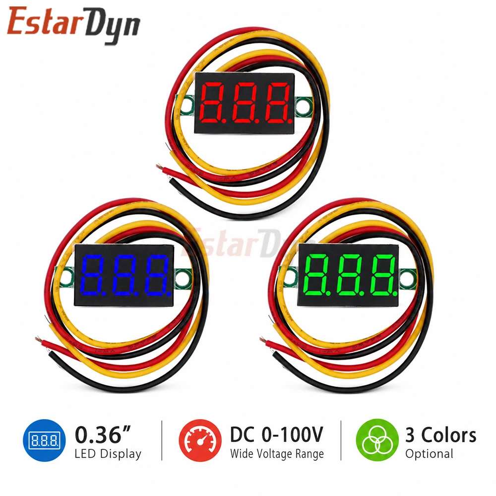 Estardyn 0.36 Inch 3-Wire 3-Digit Digital Voltmeter Red/Blue/Green LED 0-100V DC Panel Meter 2.5-40V Power Supply