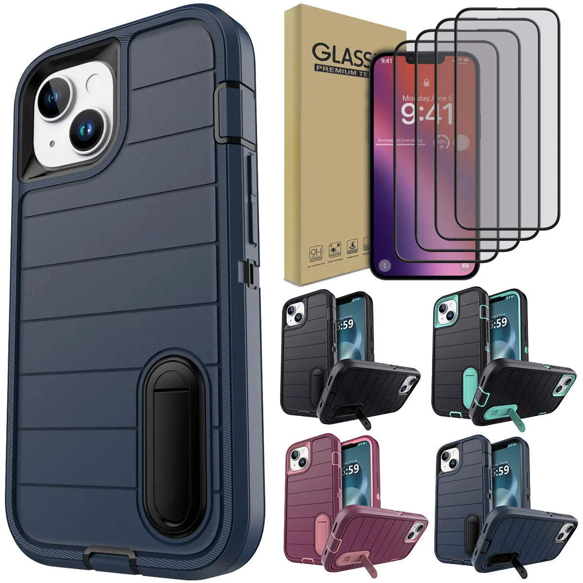 

Чехол для телефона iPhone 13/Pro/Pro Max, чехол с подставкой и 4 шт., защитные пленки из закаленного стекла с полным покрытием, удобный прозрачный чехол