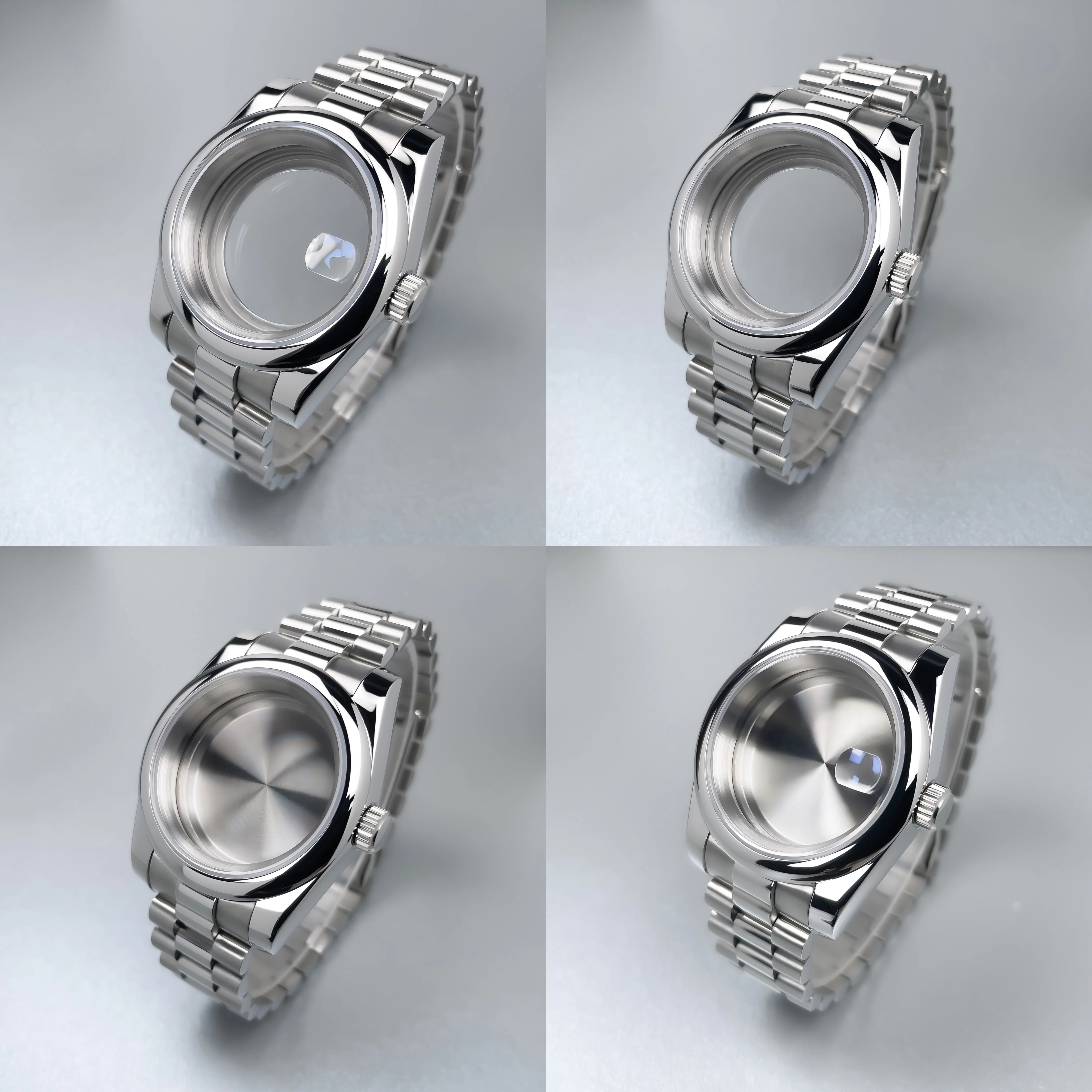 39mm Silver Steel Watch Case Sapphire Glass R Bezel President Bracelet For NH35 NH36 Mod Watch Parts